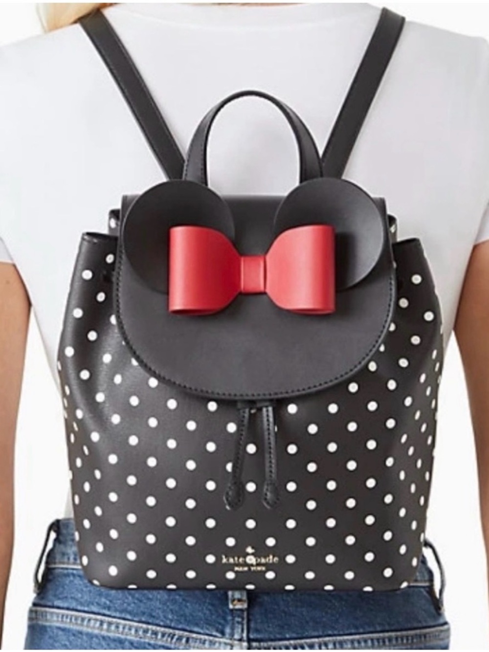 Kate Spade x Disney Minnie Mouse Flap Black Backpack K4642 Red Bow - EUC $379 - Picture 2 of 9